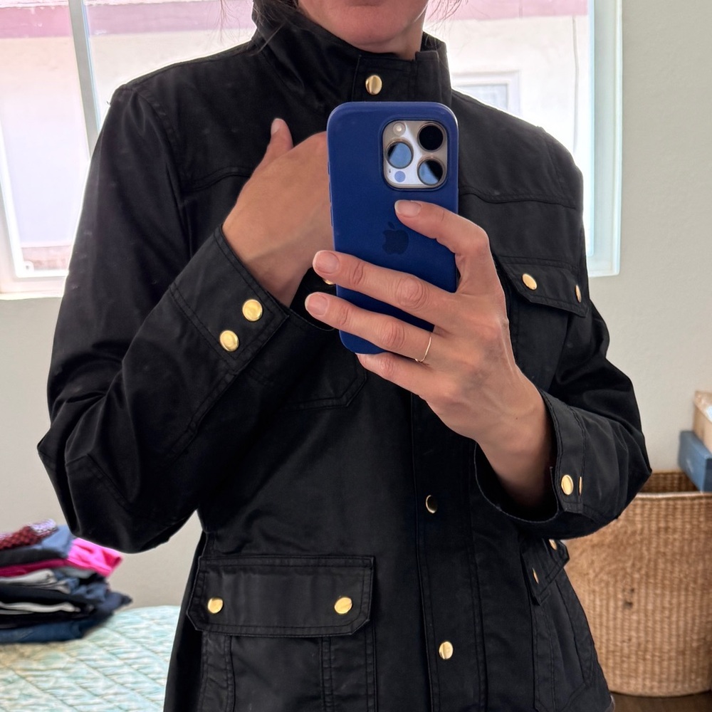J. Crew Black and Gold Barbour Style Utility Jacket with Stand-Up Collar